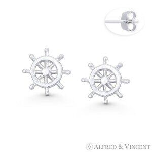 Helm Wheel Nautical / Sailing Charm Stud Earrings in .925 Sterling Silver